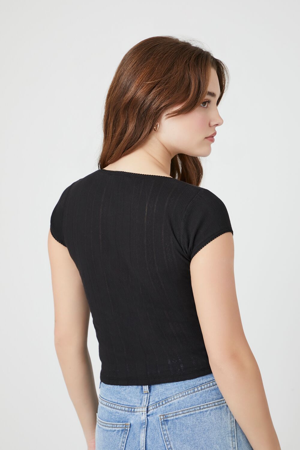 Cropped Pointelle Knit Tee - Image 3