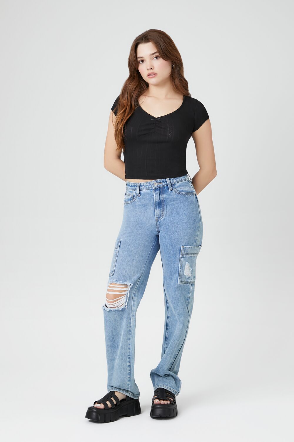 Cropped Pointelle Knit Tee - Image 4