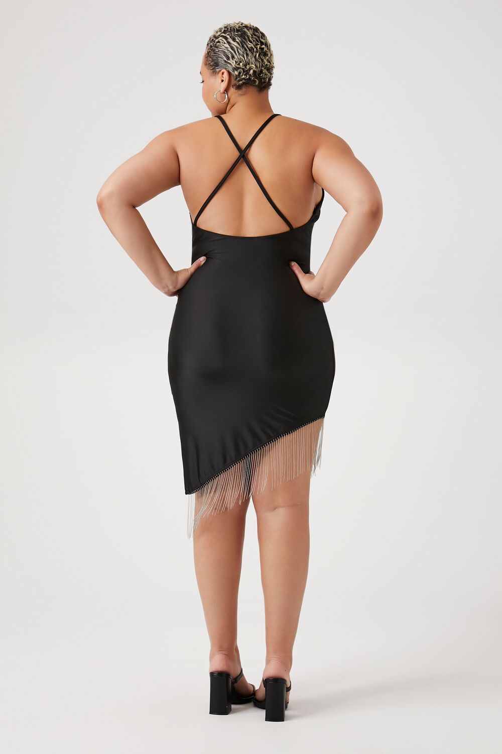 Plus Size Satin Asymmetrical Fringe Dress - Image 3