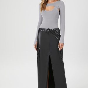 Faux Leather Toggle Drawstring Midi Skirt