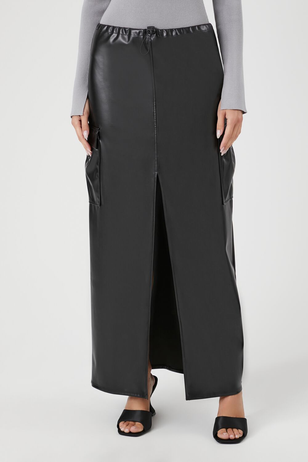 Faux Leather Toggle Drawstring Midi Skirt - Image 2