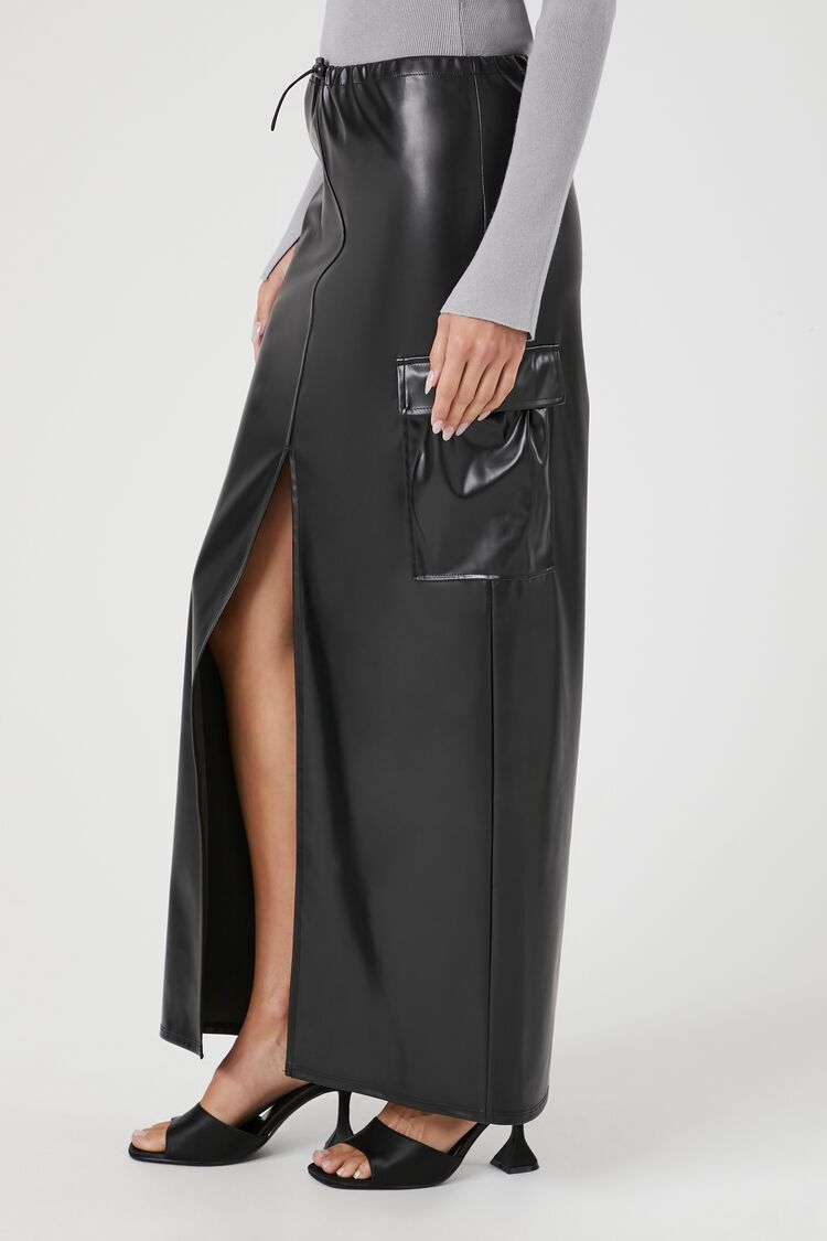 Faux Leather Toggle Drawstring Midi Skirt - Image 3