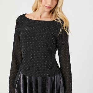 Rhinestone Cowl Back Long-Sleeve Top