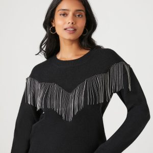 Rhinestone Fringe-Trim Sweater