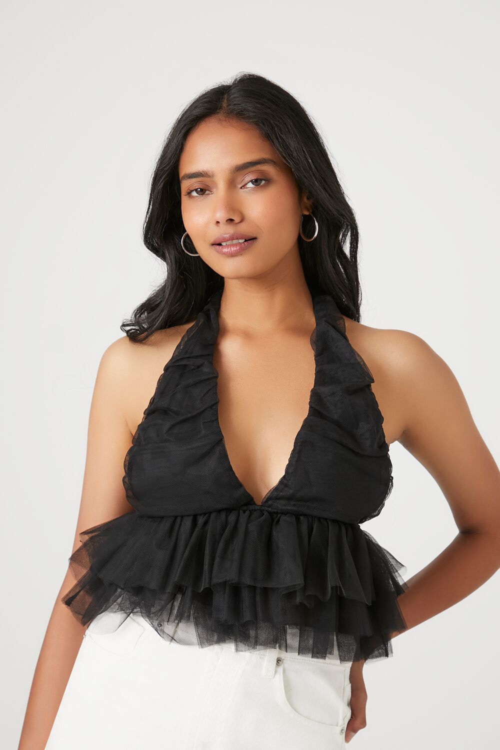 Mesh Ruffle Halter Crop Top