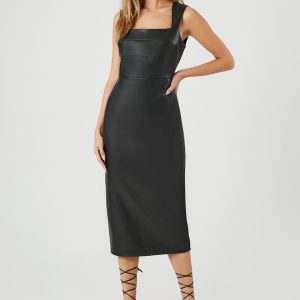 Faux Leather Sleeveless Midi Dress