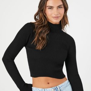 Mock Neck Sweater-Knit Crop Top