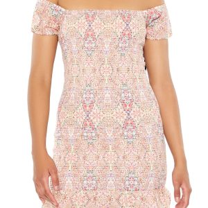 Smocked Ornate Print Mini Dress