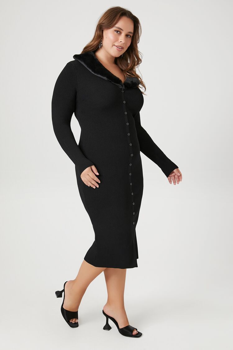Plus Size Faux Fur-Trim Sweater Midi Dress - Image 2
