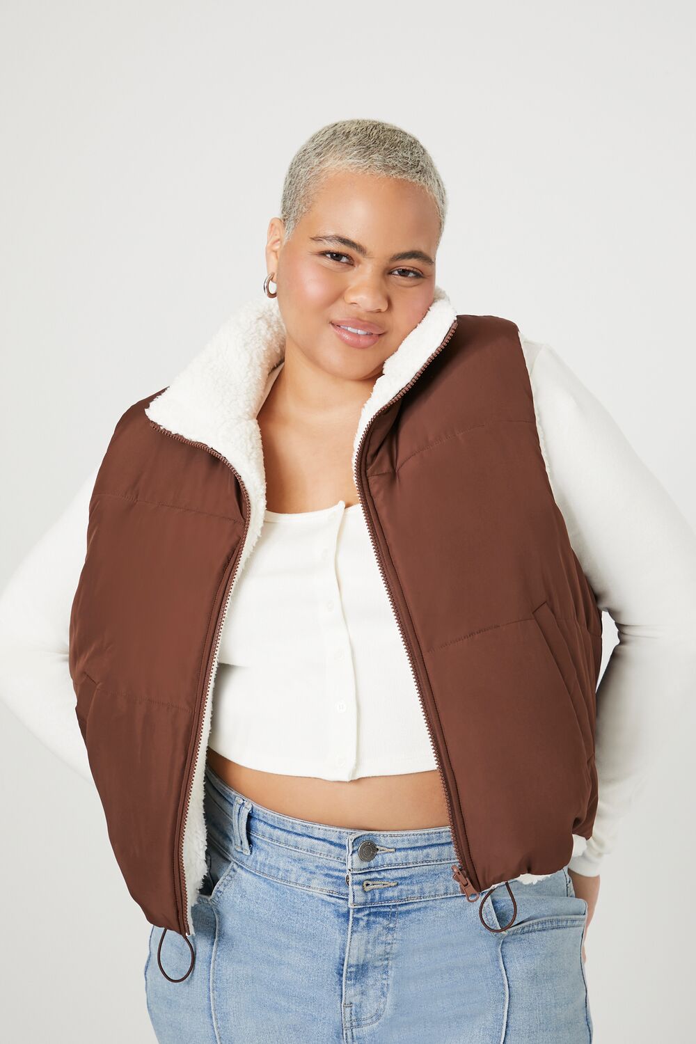 Plus Size Reversible Faux Shearling Puffer Vest