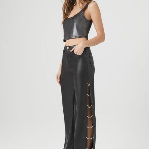Faux Leather Rhinestone Chain Pants
