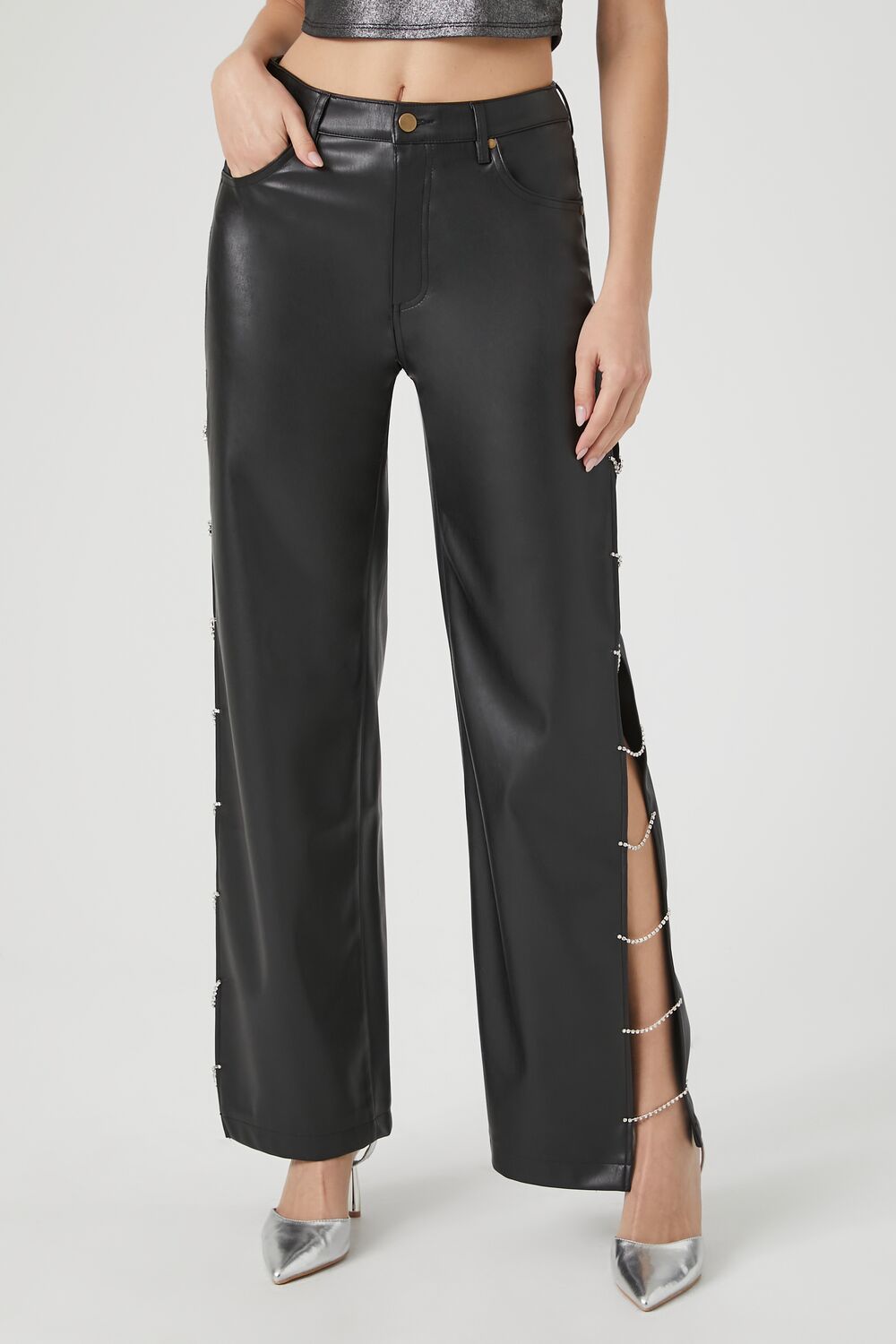 Faux Leather Rhinestone Chain Pants - Image 2