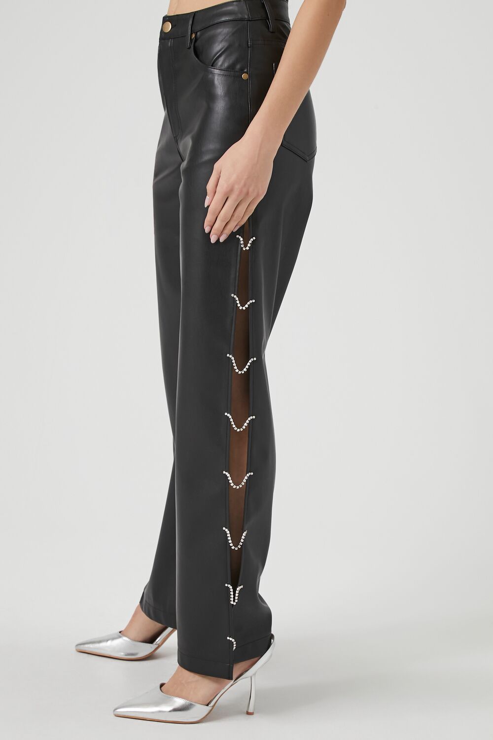Faux Leather Rhinestone Chain Pants - Image 3