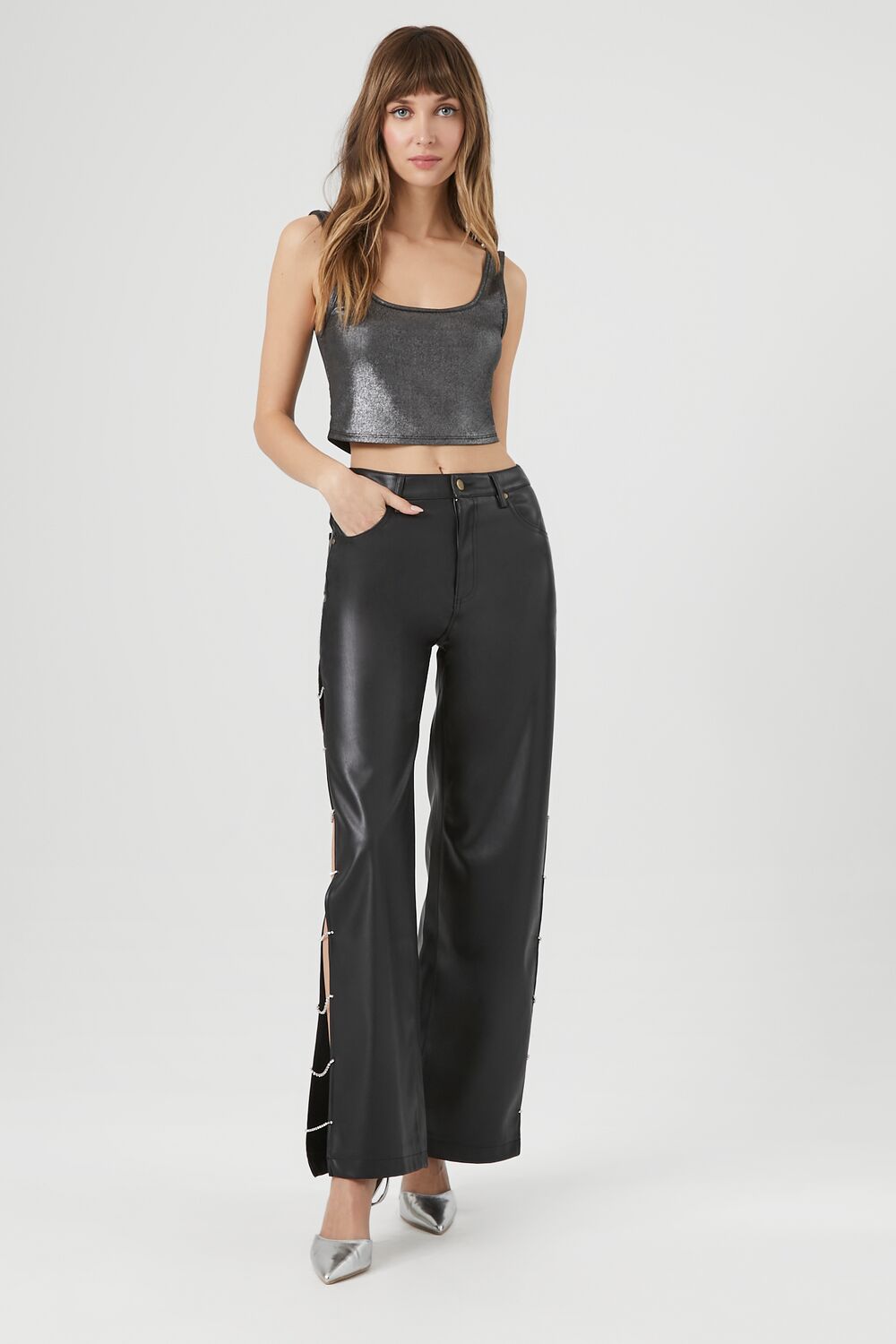 Faux Leather Rhinestone Chain Pants - Image 5