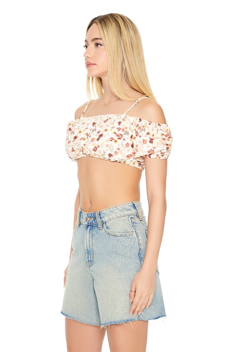 Floral Print Open-Shoulder Crop Top - Image 2