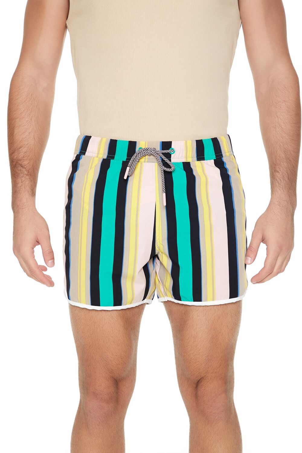 Striped Drawstring Short Inseam Swim Trunks - Image 6