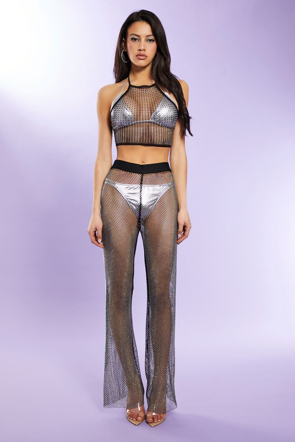 Rhinestone Netted Wide-Leg Pants - Image 11