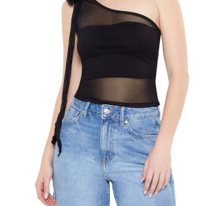 Mesh Rosette One-Shoulder Top