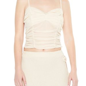 Lace-Trim Ruched Mesh Cami
