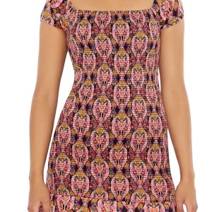 Smocked Ornate Print Mini Dress