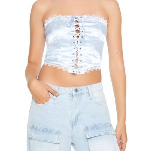 Satin Floral Lace-Up Tube Top