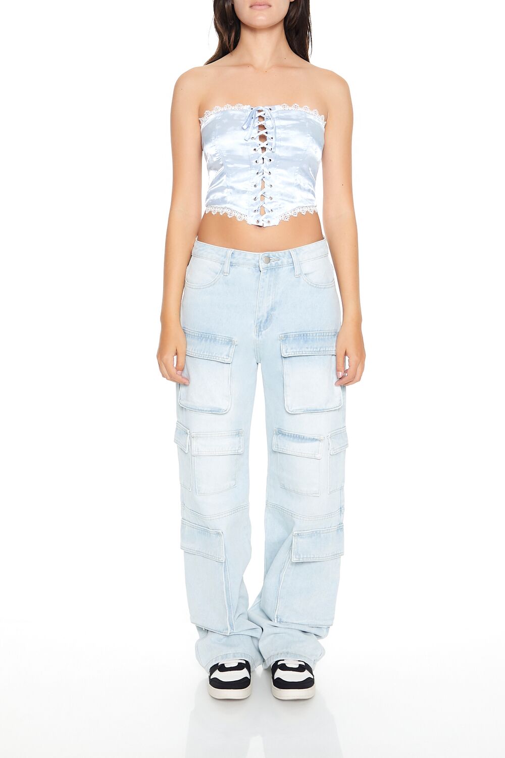 Satin Floral Lace-Up Tube Top - Image 4