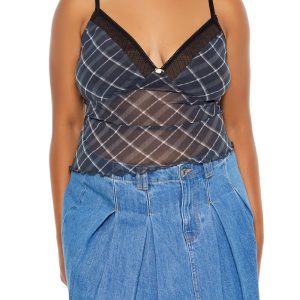 Plus Size Plaid Rosette Sheer Cami