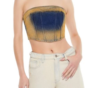 Sandblasted Denim Tube Crop Top