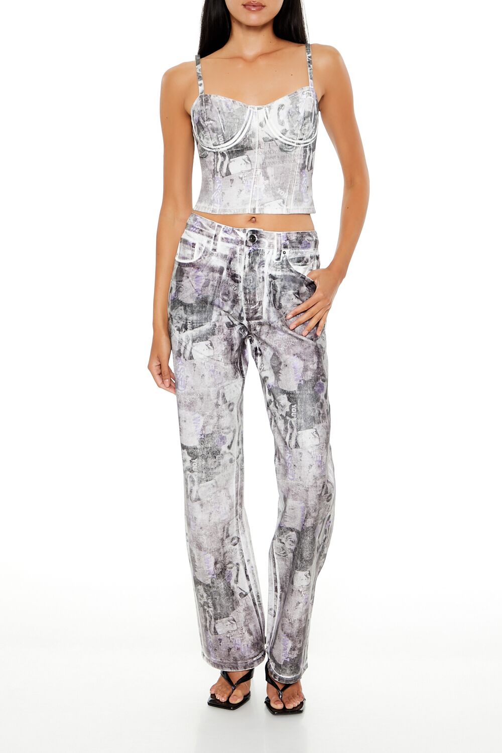 Abstract Print Denim Cropped Cami - Image 2