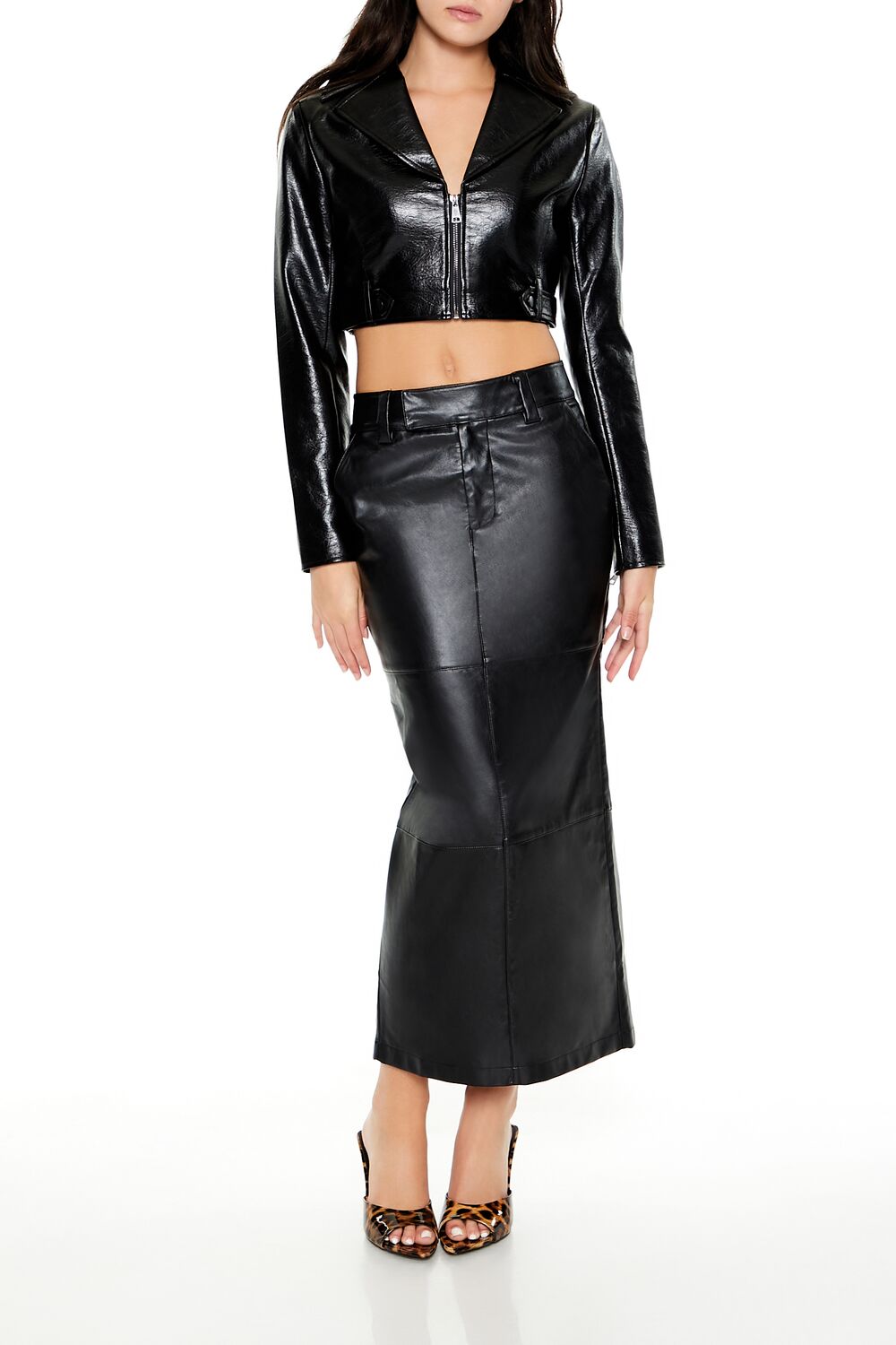 Cropped Faux Leather Zip-Up Jacket - Image 2