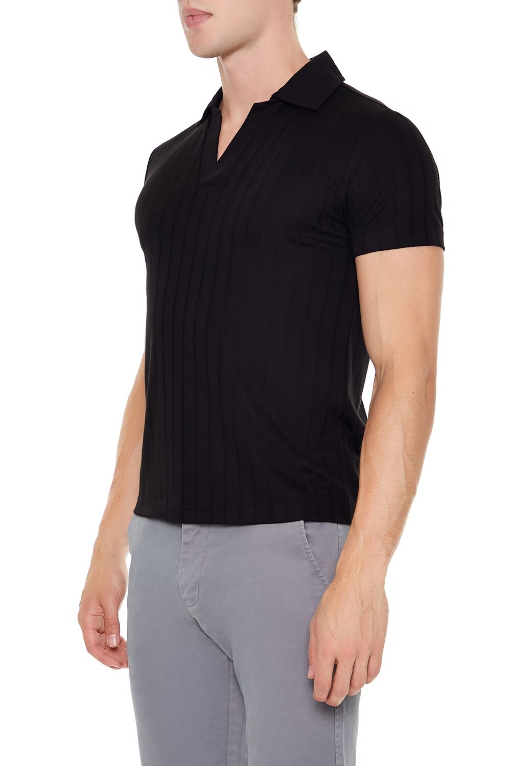 Ribbed Open V-Neck Polo Shirt - Image 3