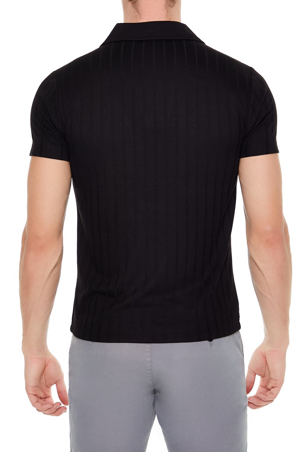 Ribbed Open V-Neck Polo Shirt - Image 4