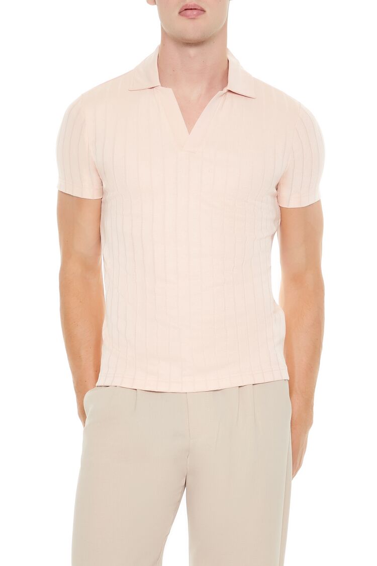 Ribbed Open V-Neck Polo Shirt - Image 7
