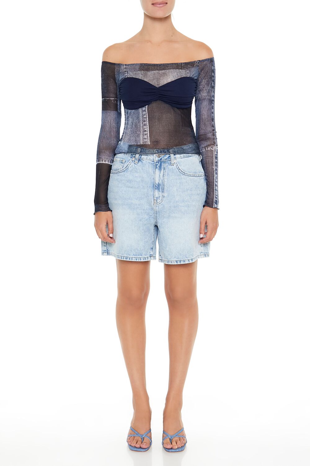 Denim Print Off-the-Shoulder Top - Image 3