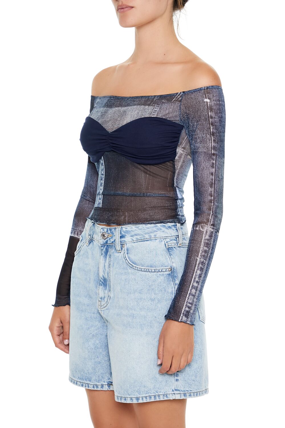 Denim Print Off-the-Shoulder Top - Image 5