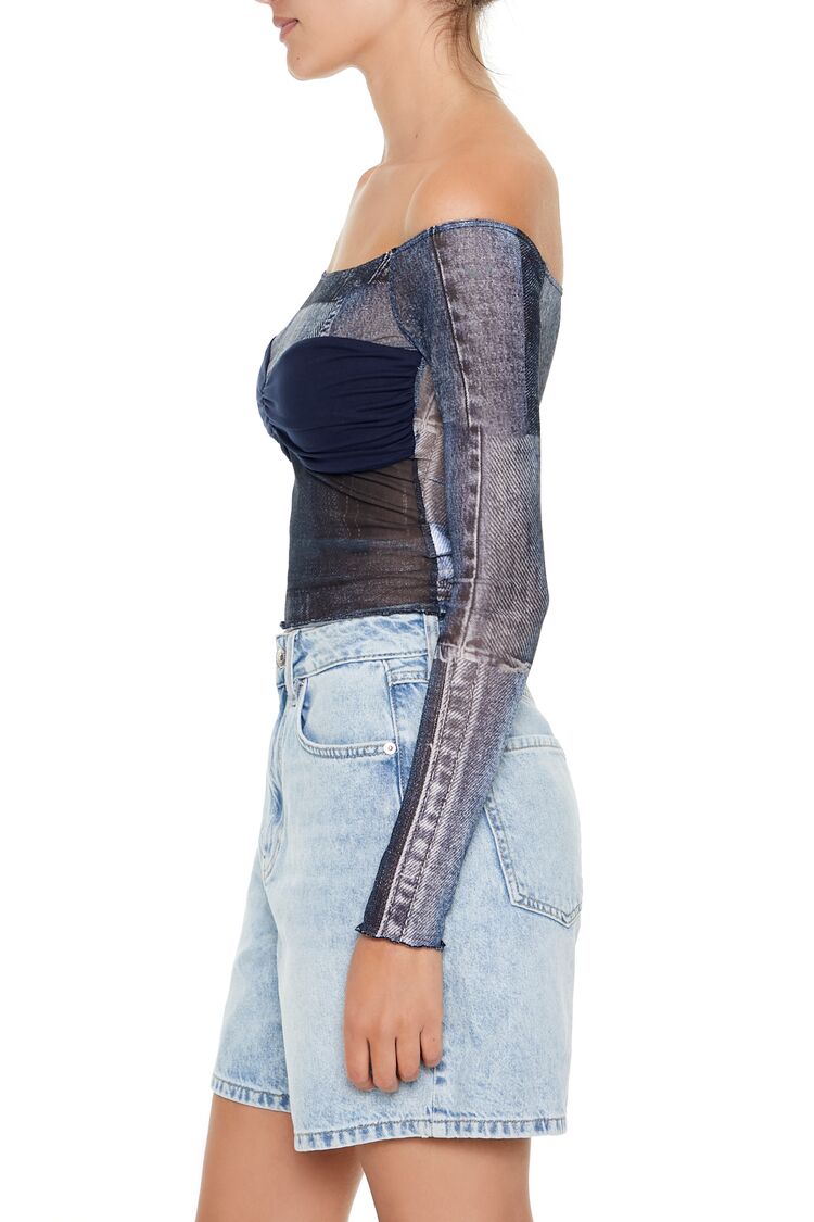 Denim Print Off-the-Shoulder Top - Image 6