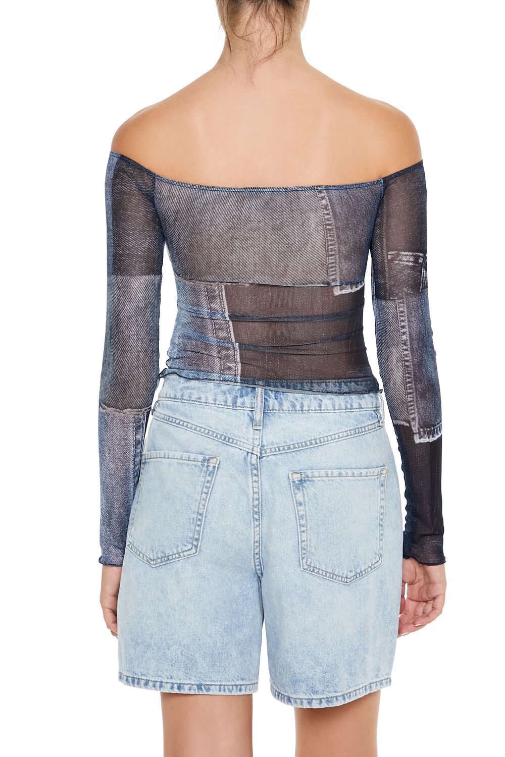 Denim Print Off-the-Shoulder Top - Image 7