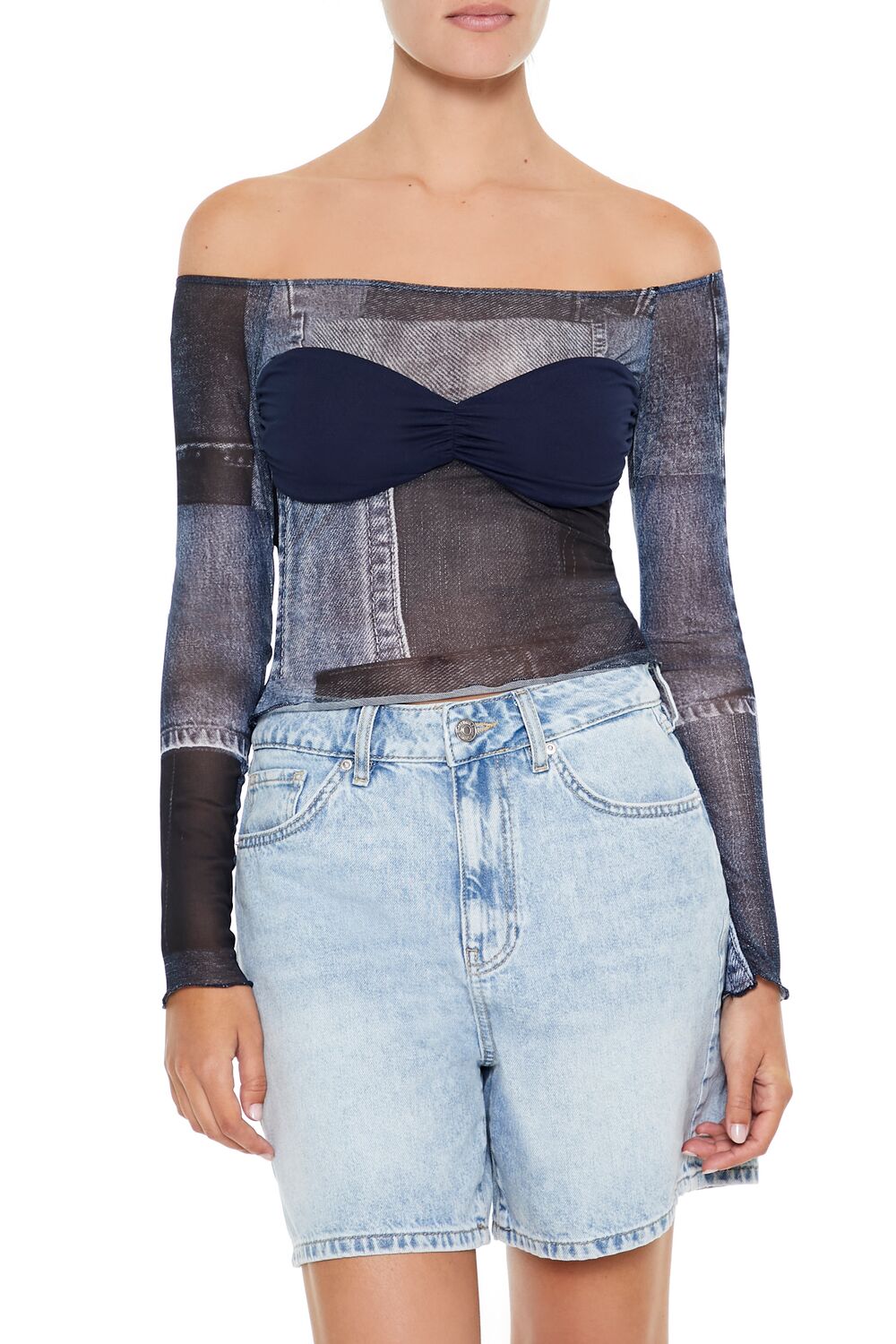 Denim Print Off-the-Shoulder Top - Image 2