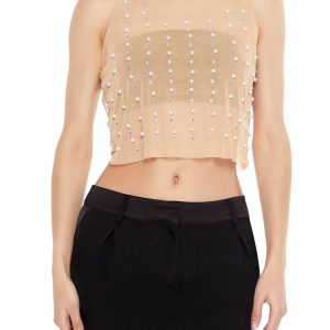 Mesh Faux Pearl Crop Top