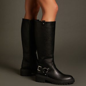 Studded O-Ring Faux Leather Boots