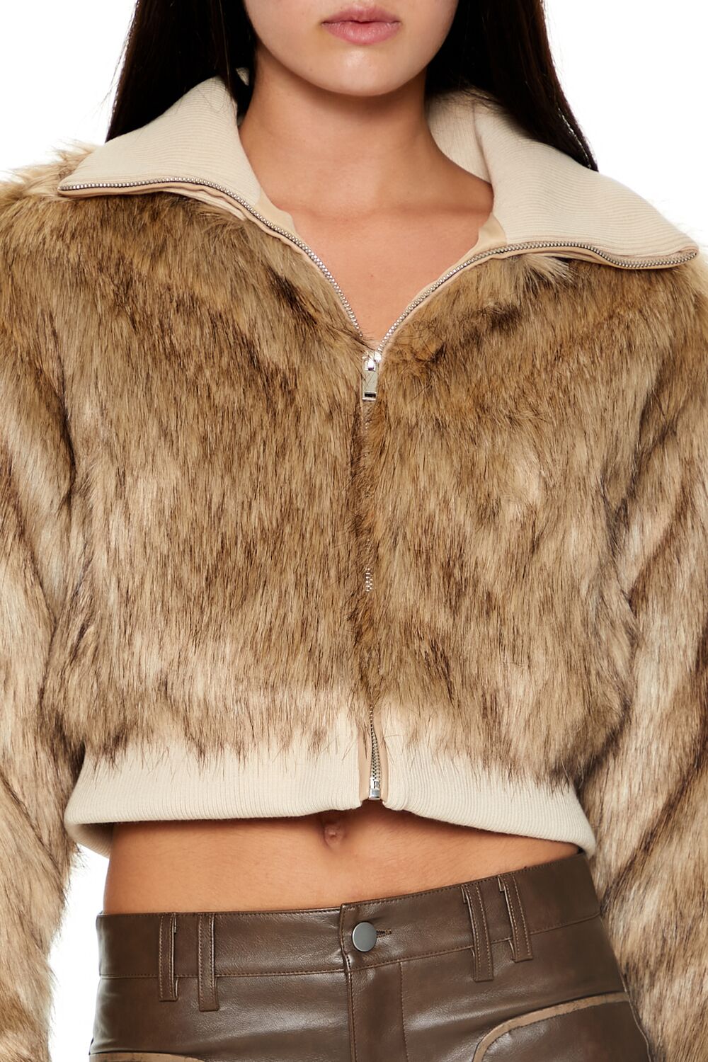 Cropped Faux Fur Bomber Jacket - Image 3