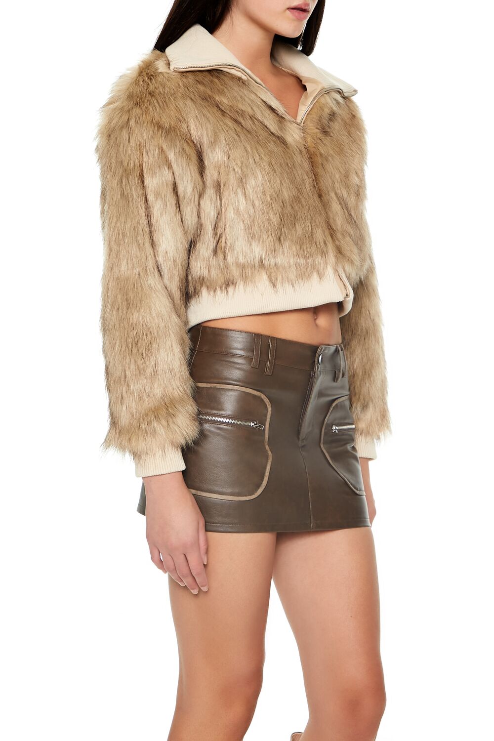 Cropped Faux Fur Bomber Jacket - Image 4
