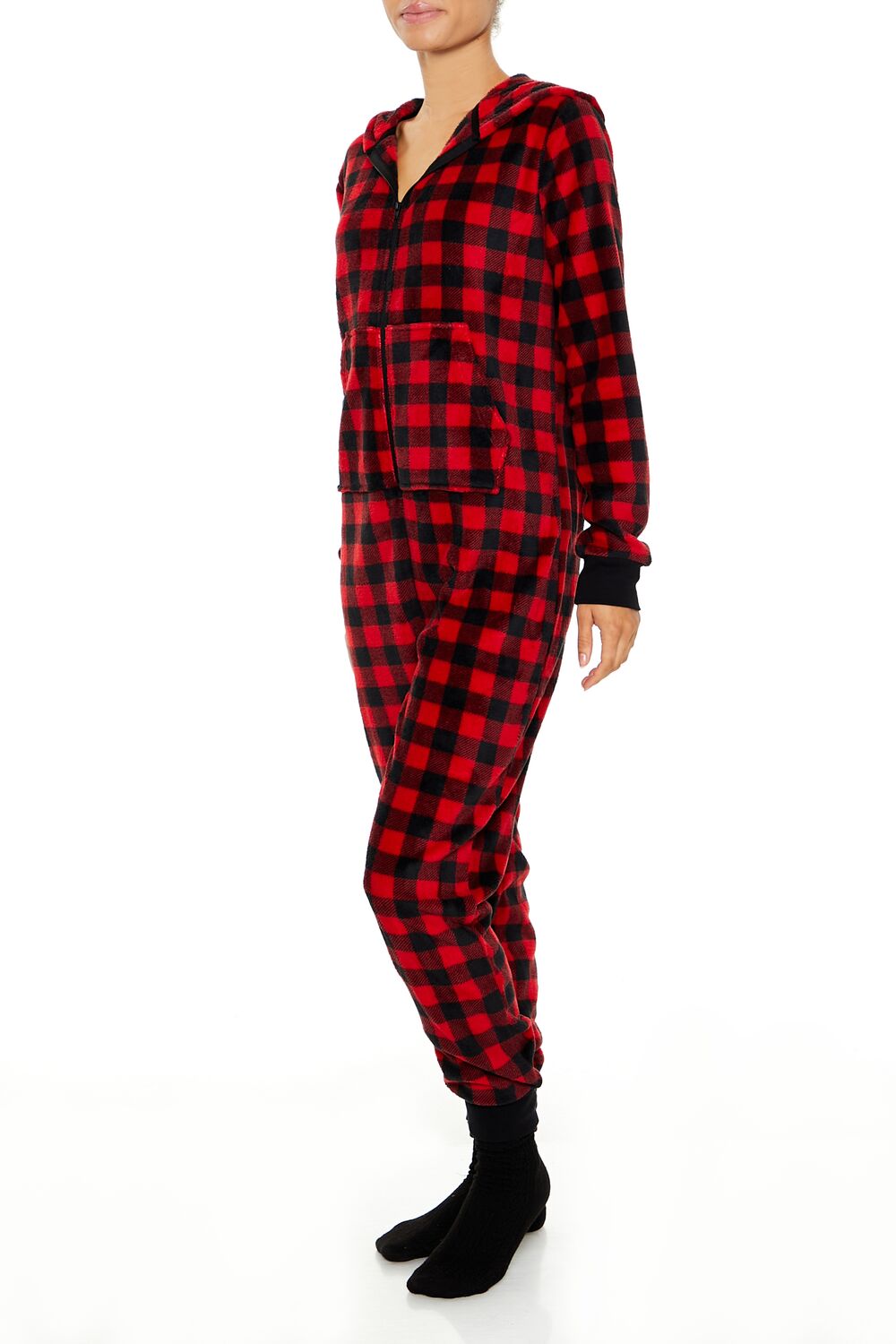 Fleece Plaid Pajama Jumpsuit - Image 3