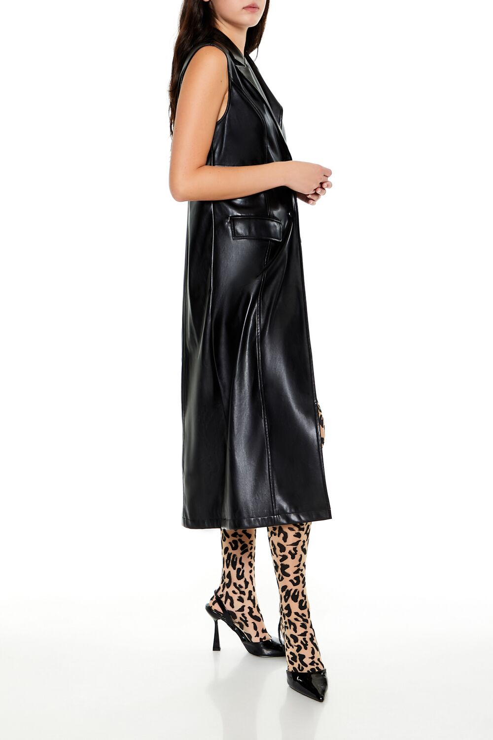 Notched Faux Leather Longline Vest - Image 3