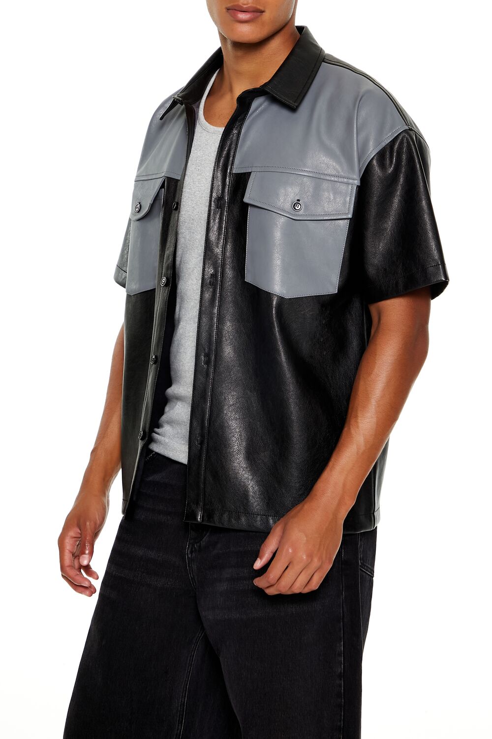 Faux Leather Colorblock Shirt - Image 4