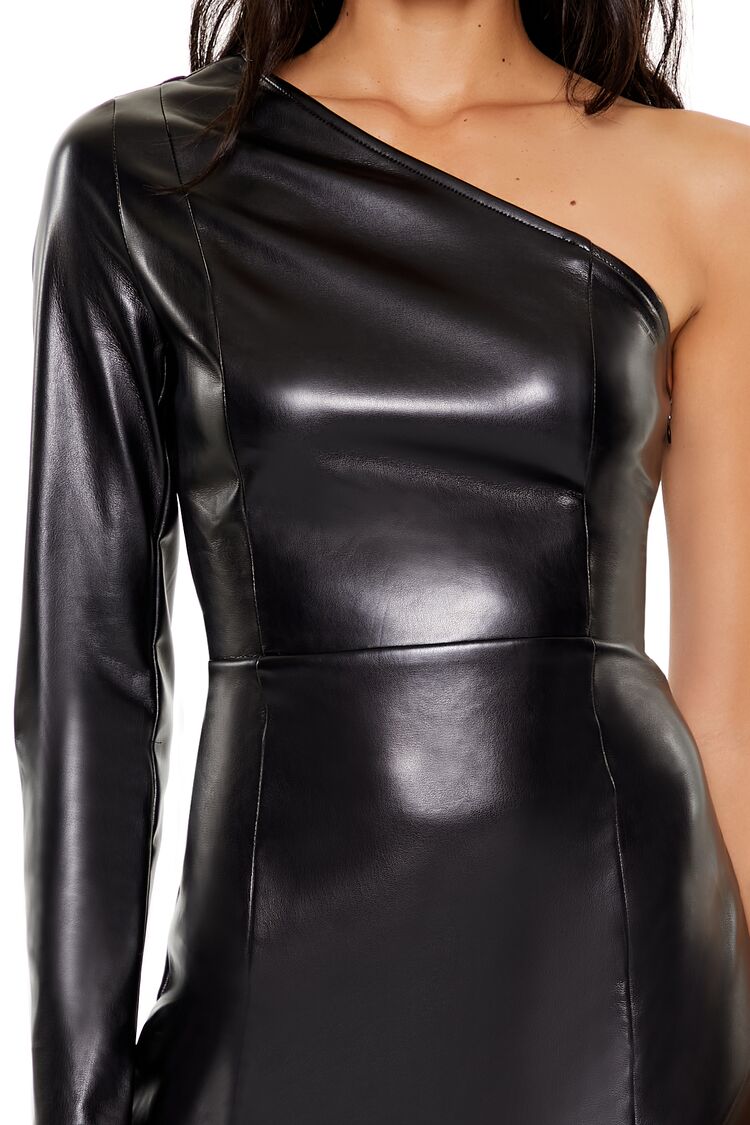 Faux Leather One-Shoulder Mini Dress - Image 5