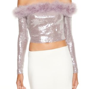 Faux Fur-Trim Sequin Crop Top