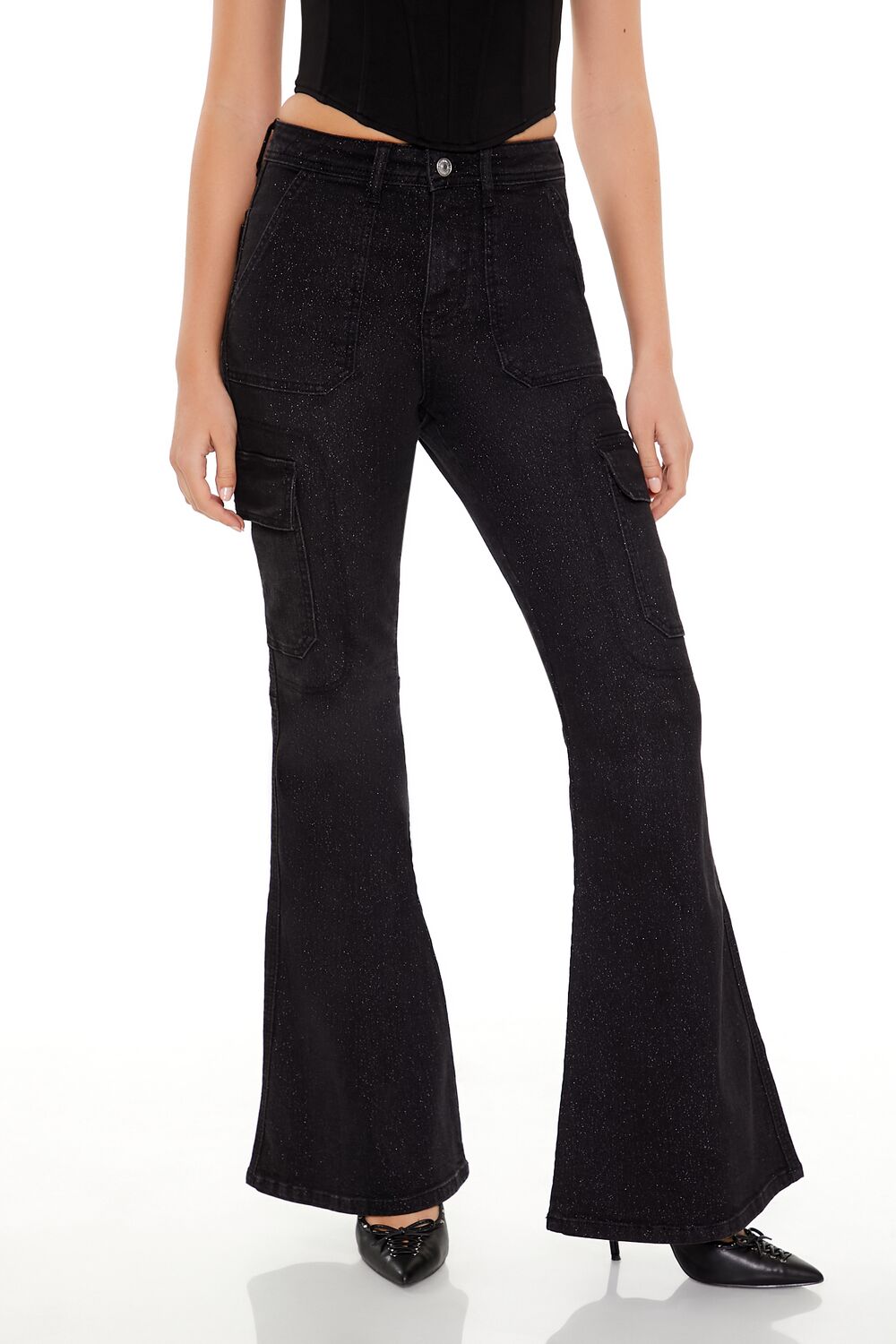 Metallic Sequin Flare Cargo Jeans - Image 2