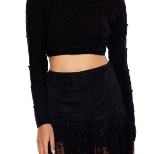 Beaded Cropped Cable Knit Sweater