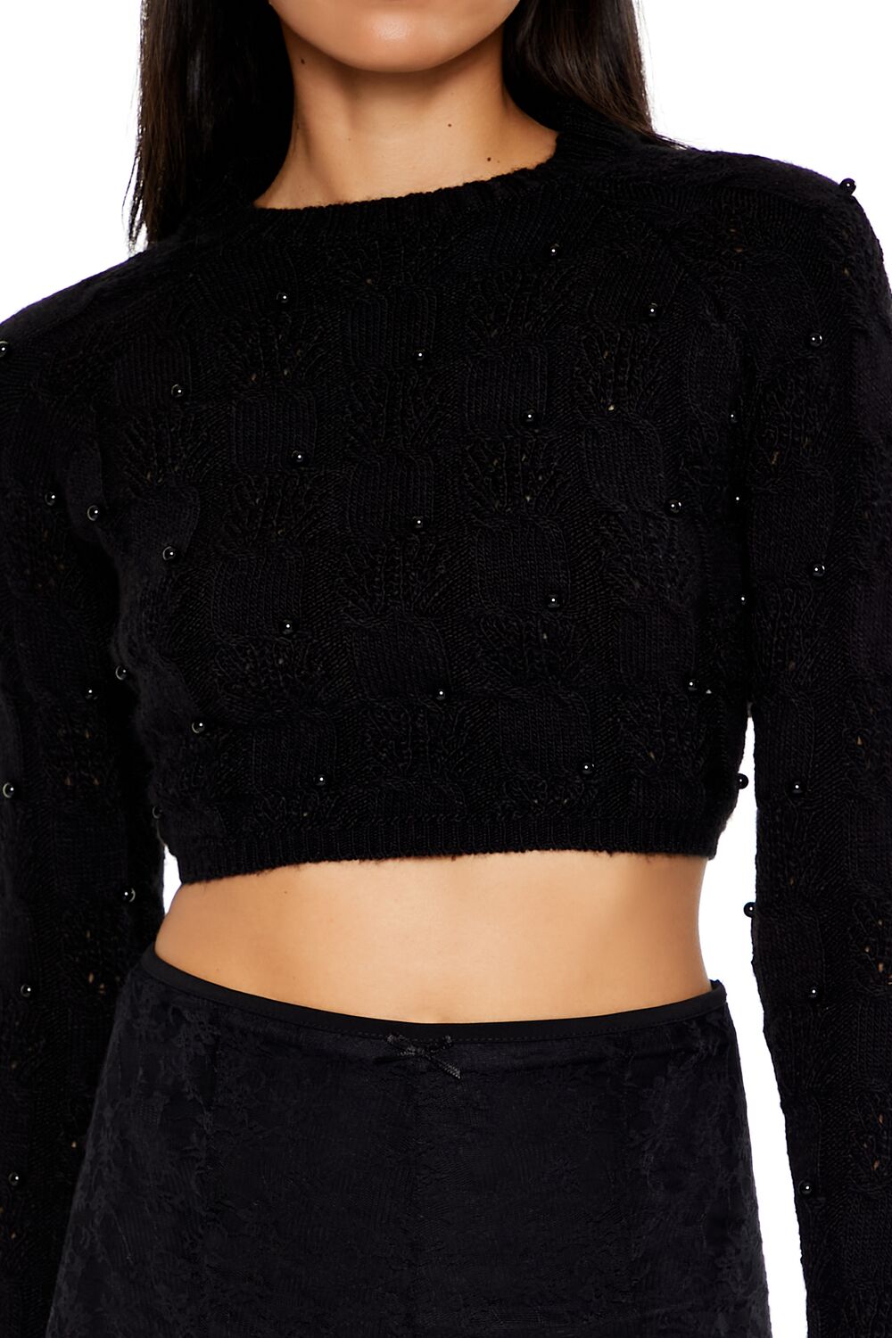 Beaded Cropped Cable Knit Sweater - Image 3